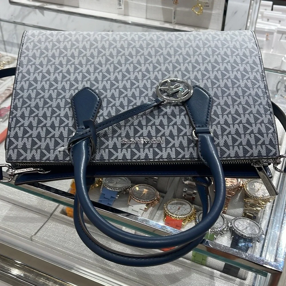 MICHAEL KORS Sheila Medium Ombré Signature Logo CZ Satchel Crossbody Navy NWT